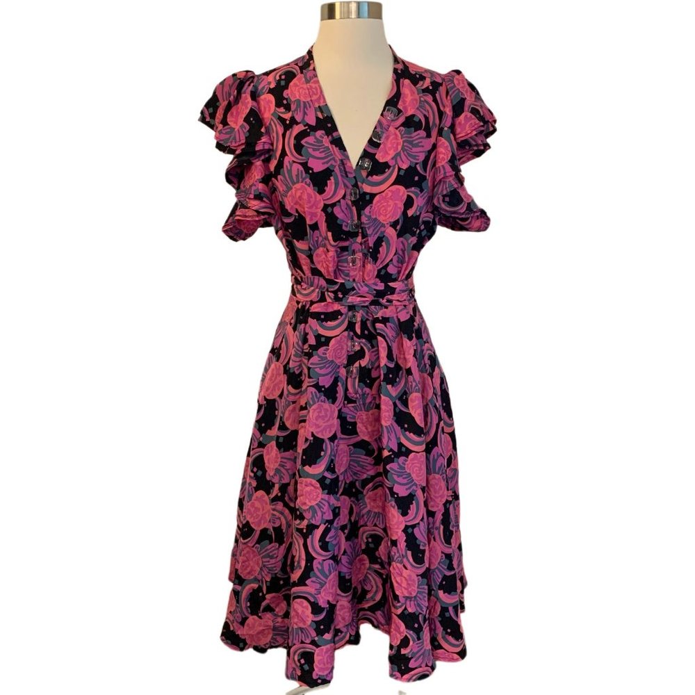 Berman Black Silk Floral Party Dress, Sz L